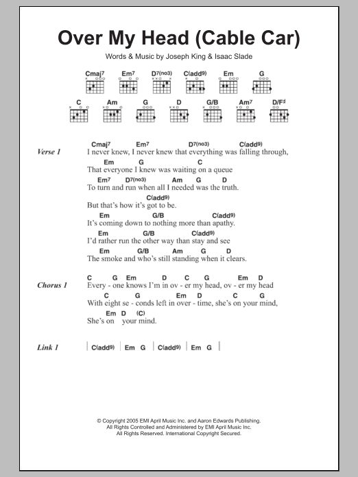 Learn to play The Fray Over My Head (Cable Car) sheet music for Piano, Vocal & Guitar Chords (Right-Hand Melody) in minutes. Price: 7.8900$ The Fray Over My Head (Cable Car) sheet music notes and chords arranged for Piano, Vocal & Guitar Chords (Right-Hand Melody)