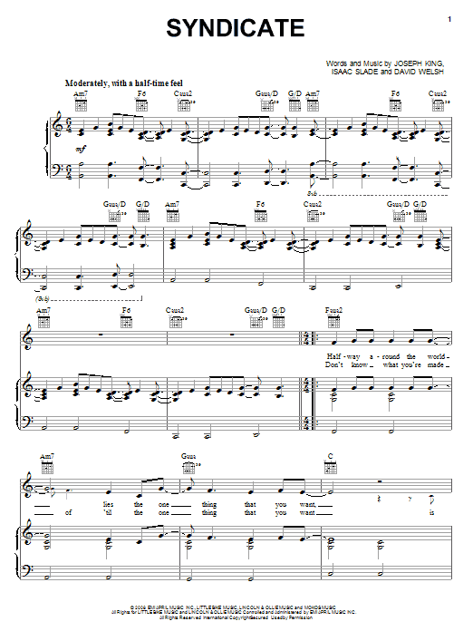 Learn to play The Fray Syndicate sheet music for Piano, Vocal & Guitar Chords (Right-Hand Melody) in minutes. Price: 7.8900$ The Fray Syndicate sheet music notes and chords arranged for Piano, Vocal & Guitar Chords (Right-Hand Melody)