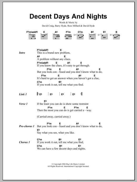 The Futureheads Decent Days And Nights sheet music notes and chords. Download Printable PDF.