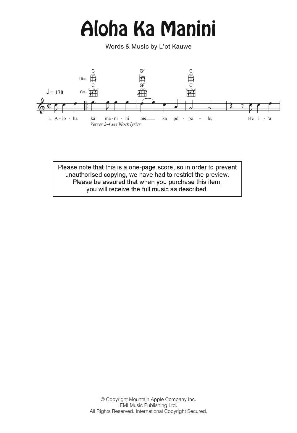 Learn to play The Gabby Pahinui Hawaiian Band Aloha Ka Manini sheet music for Ukulele in minutes. Price: 5.9900$ The Gabby Pahinui Hawaiian Band Aloha Ka Manini sheet music notes and chords arranged for Ukulele