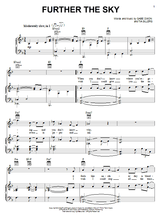 Learn to play The Gabe Dixon Band Further The Sky sheet music for Piano, Vocal & Guitar Chords (Right-Hand Melody) in minutes. Price: 7.8900$ The Gabe Dixon Band Further The Sky sheet music notes and chords arranged for Piano, Vocal & Guitar Chords (Right-Hand Melody)