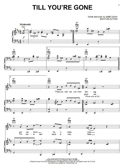 The Gabe Dixon Band Till You're Gone sheet music notes and chords arranged for Piano, Vocal & Guitar Chords (Right-Hand Melody)