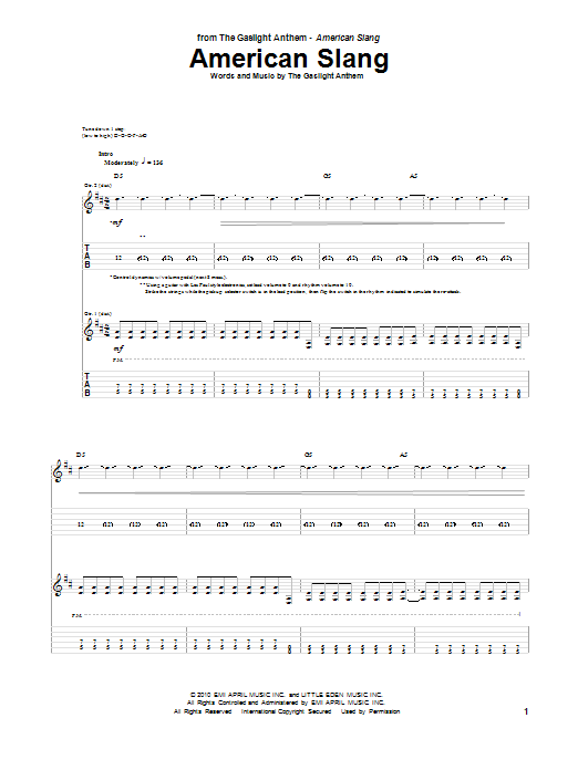 Learn to play The Gaslight Anthem American Slang sheet music for Guitar Tab in minutes. Price: 7.8900$ The Gaslight Anthem American Slang sheet music notes and chords arranged for Guitar Tab