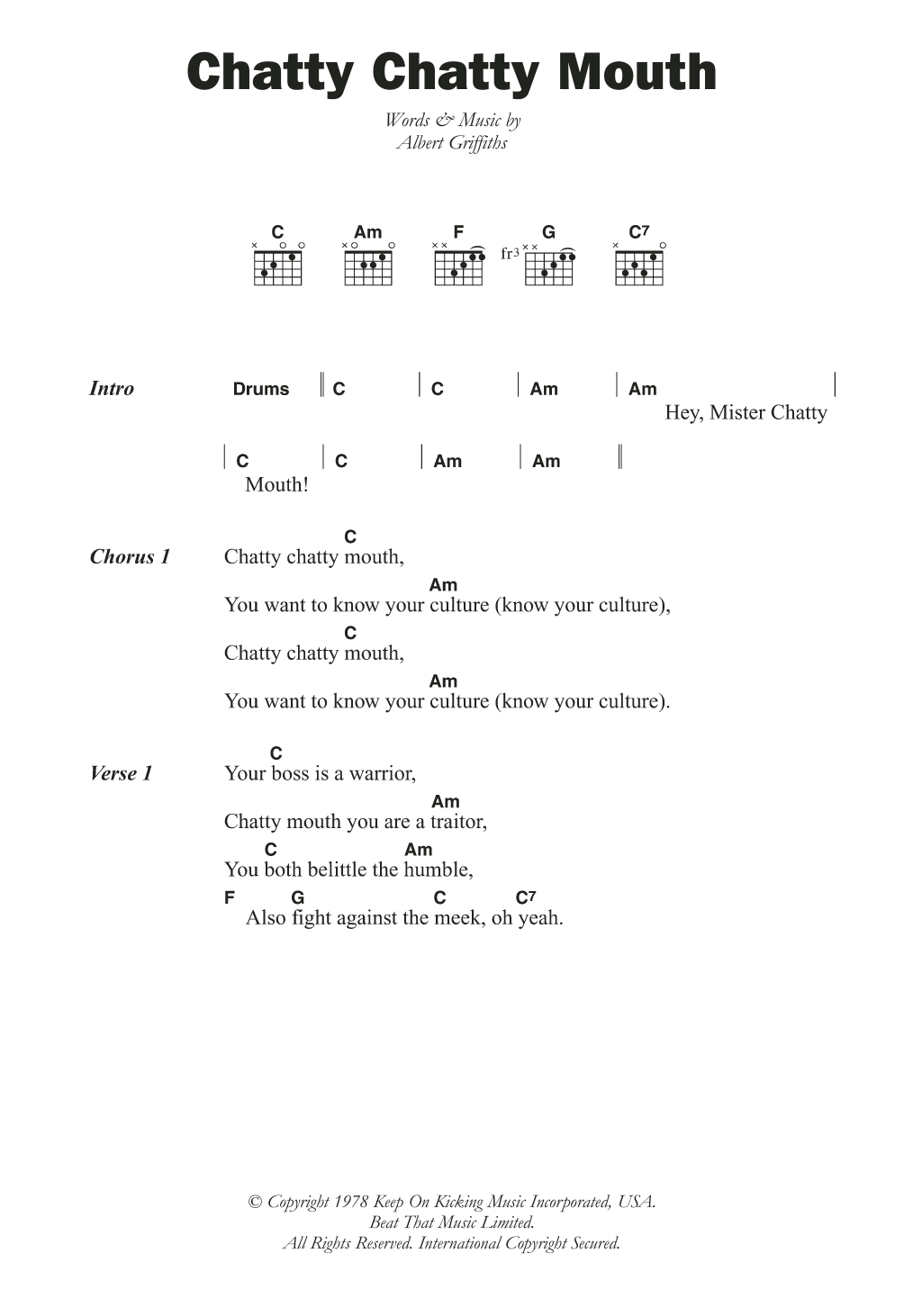 The Gladiators Chatty Chatty Mouth sheet music notes and chords. Download Printable PDF.