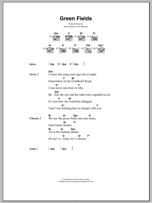 The Good, the Bad & the Queen Green Fields sheet music notes and chords. Download Printable PDF.