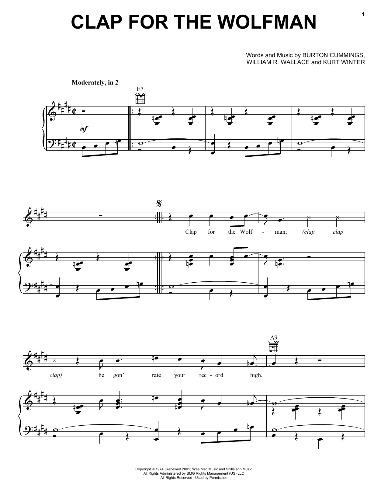 The Guess Who Clap For The Wolfman sheet music notes and chords. Download Printable PDF.