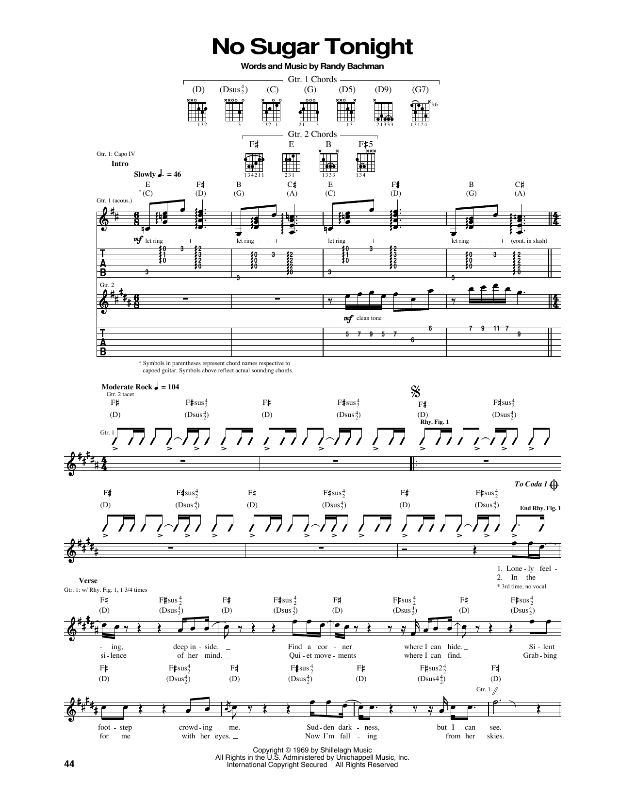 The Guess Who No Sugar Tonight sheet music notes and chords. Download Printable PDF.