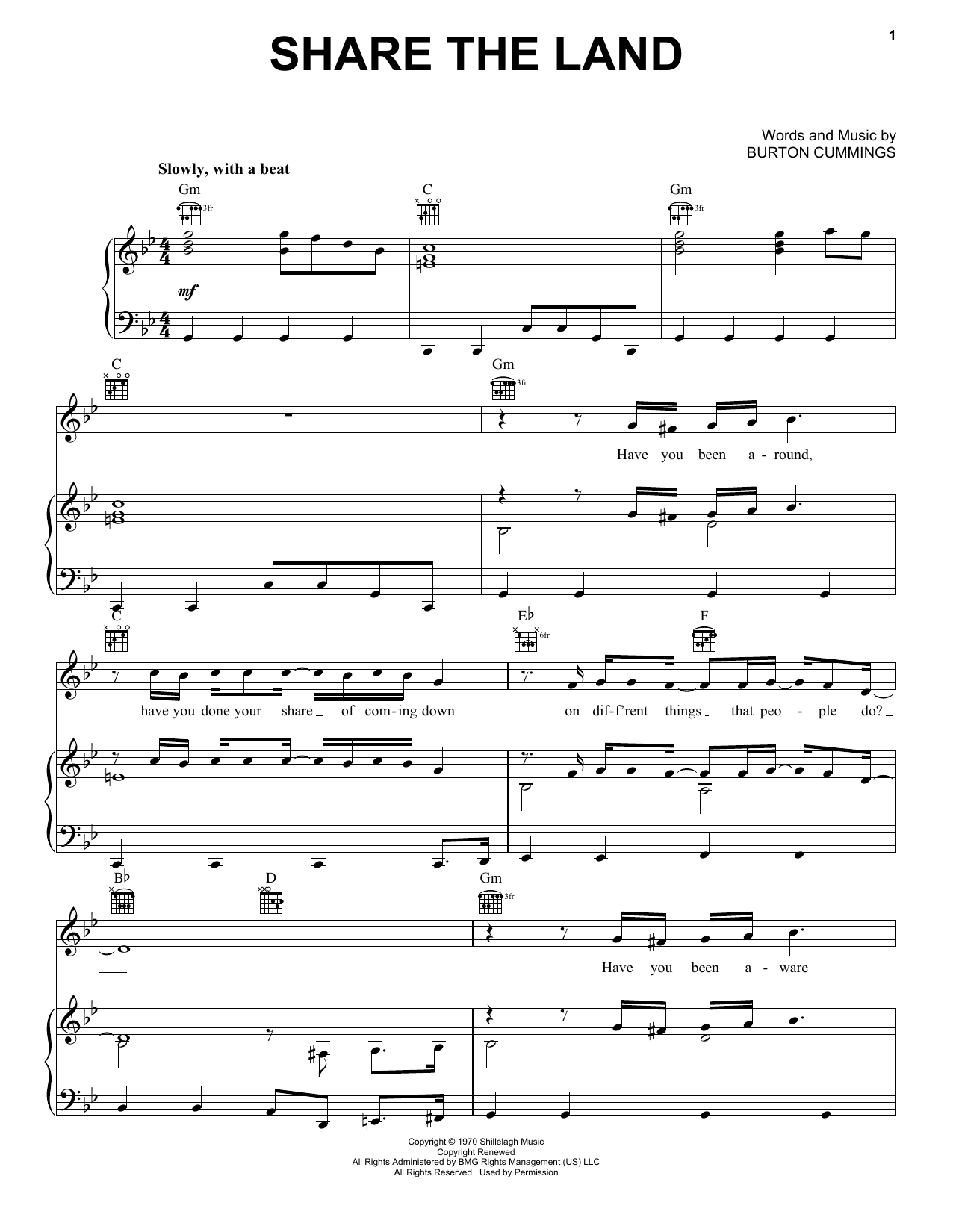 Learn to play The Guess Who Share The Land sheet music for Piano, Vocal & Guitar Chords (Right-Hand Melody) in minutes. Price: 7.8900$ The Guess Who Share The Land sheet music notes and chords arranged for Piano, Vocal & Guitar Chords (Right-Hand Melody)