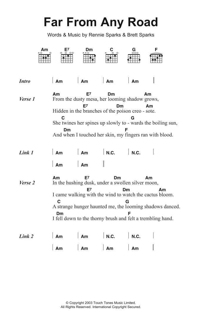 Learn to play The Handsome Family Far From Any Road sheet music for Guitar Chords/Lyrics in minutes. Price: 4.4900$ The Handsome Family Far From Any Road sheet music notes and chords arranged for Guitar Chords/Lyrics