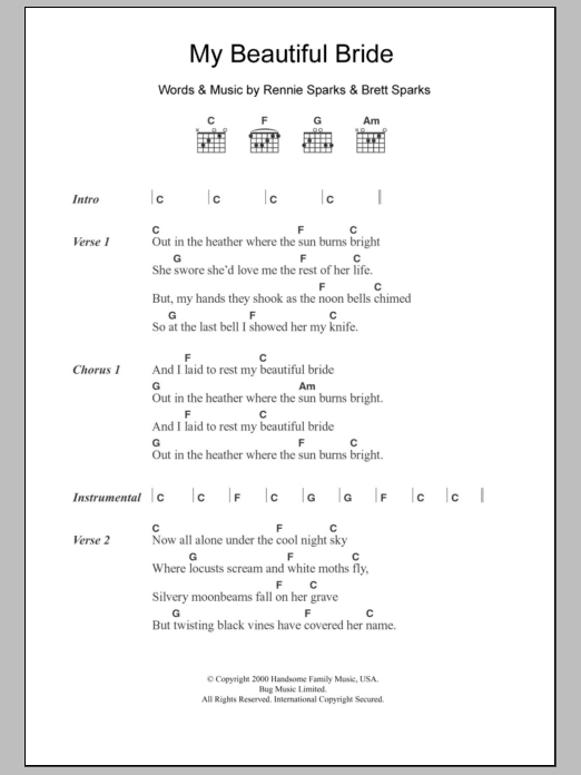 The Handsome Family My Beautiful Bride sheet music notes and chords. Download Printable PDF.