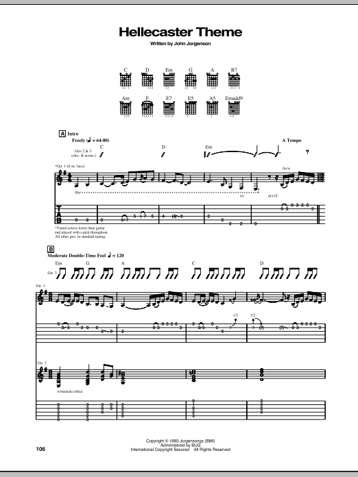 Learn to play The Hellecasters Hellecaster Theme sheet music for Guitar Tab in minutes. Price: 7.8900$ The Hellecasters Hellecaster Theme sheet music notes and chords arranged for Guitar Tab