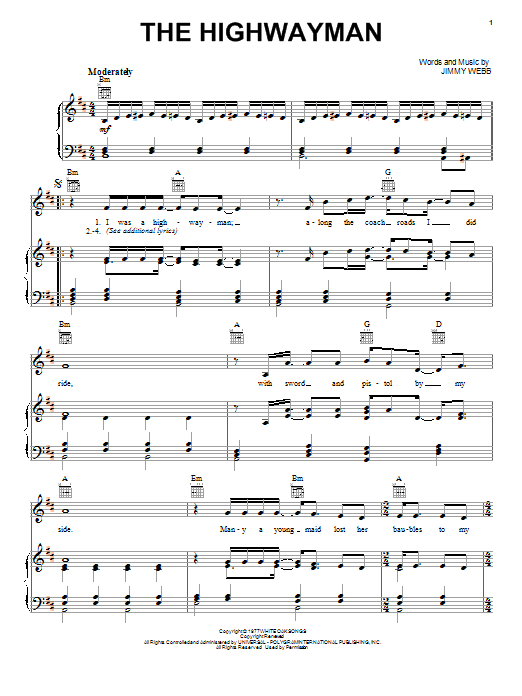Learn to play The Highwaymen The Highwayman sheet music for Piano, Vocal & Guitar Chords (Right-Hand Melody) in minutes. Price: 7.8900$ The Highwaymen The Highwayman sheet music notes and chords arranged for Piano, Vocal & Guitar Chords (Right-Hand Melody)