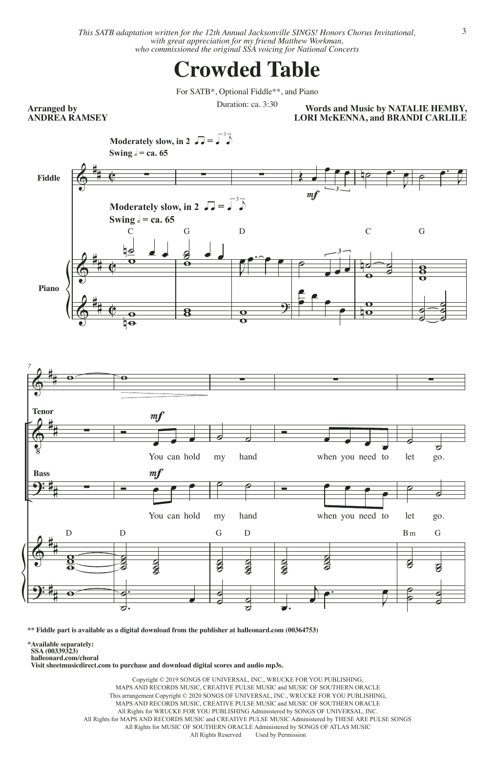 The Highwomen Crowded Table (arr. Andrea Ramsey) sheet music notes and chords. Download Printable PDF.