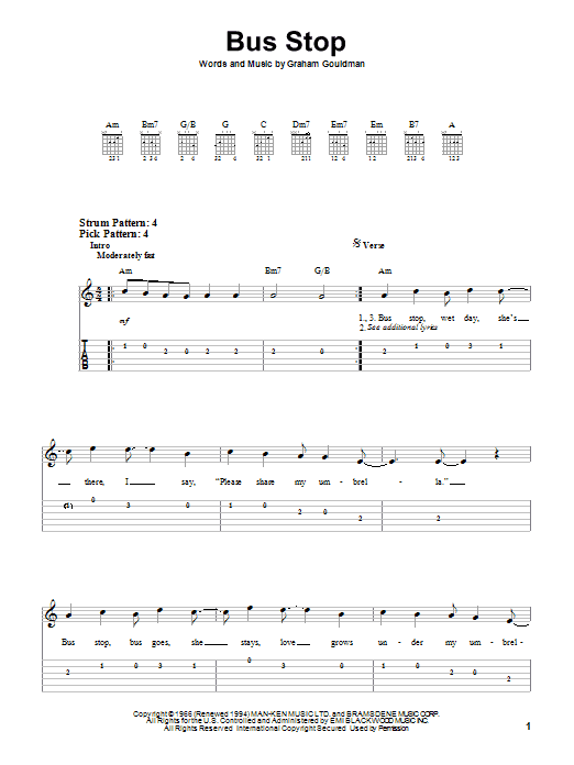 The Hollies Bus Stop sheet music notes and chords. Download Printable PDF.