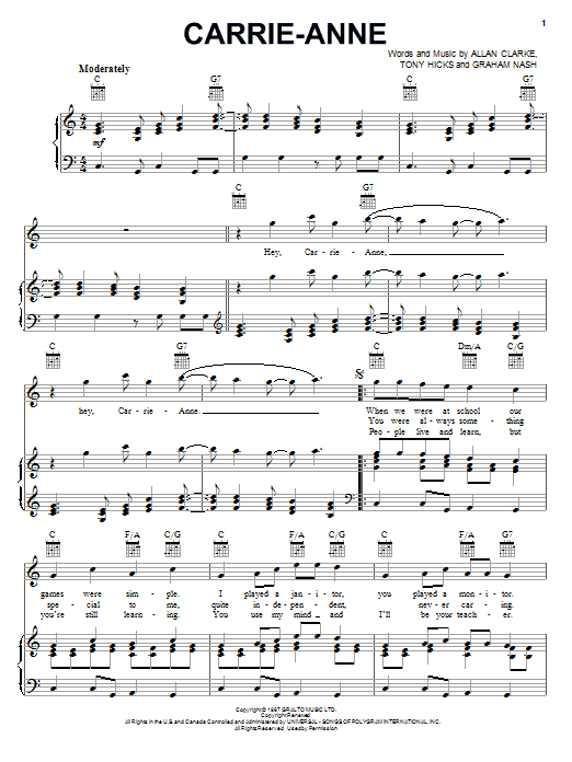 Learn to play The Hollies Carrie-Anne sheet music for Piano, Vocal & Guitar Chords (Right-Hand Melody) in minutes. Price: 7.8900$ The Hollies Carrie-Anne sheet music notes and chords arranged for Piano, Vocal & Guitar Chords (Right-Hand Melody)