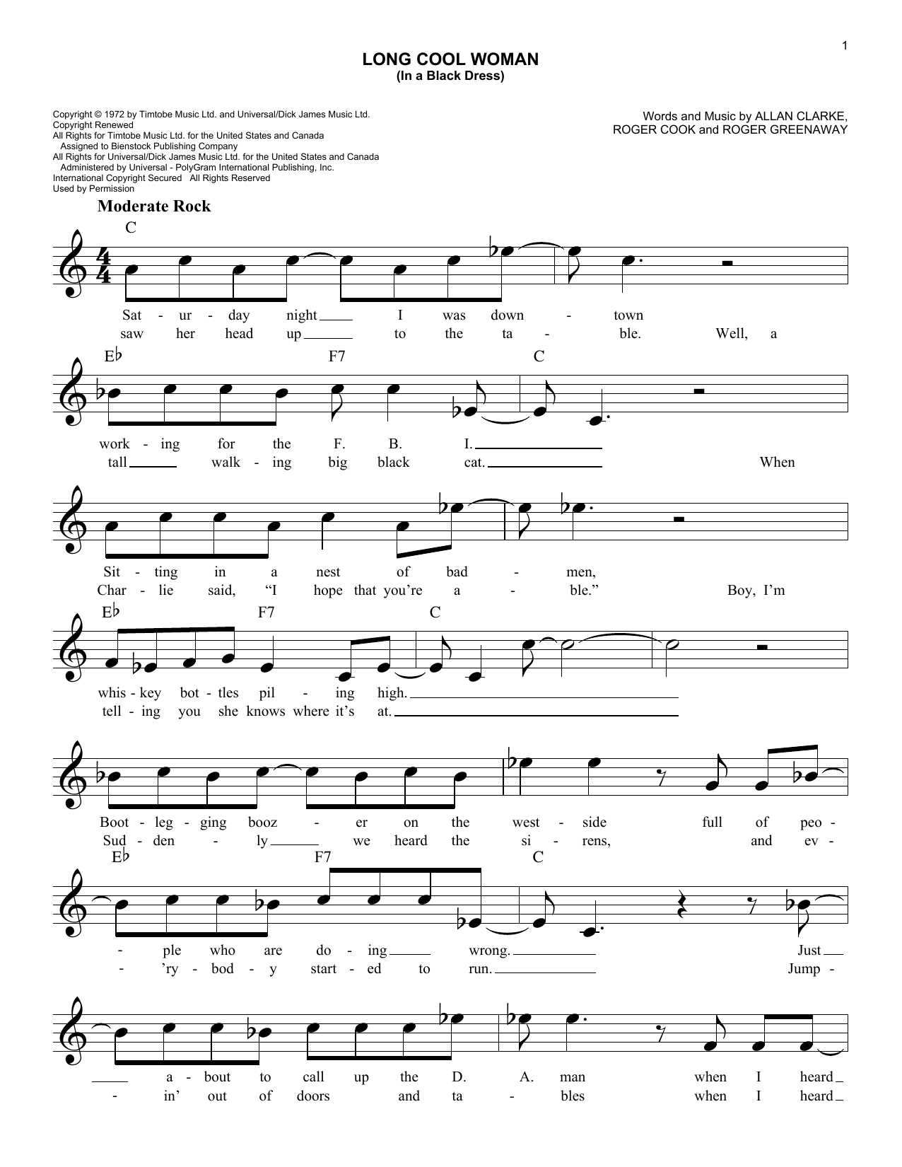 The Hollies Long Cool Woman (In A Black Dress) sheet music notes and chords. Download Printable PDF.