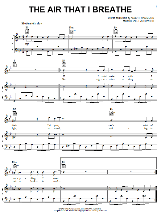 The Hollies The Air That I Breathe sheet music notes and chords. Download Printable PDF.