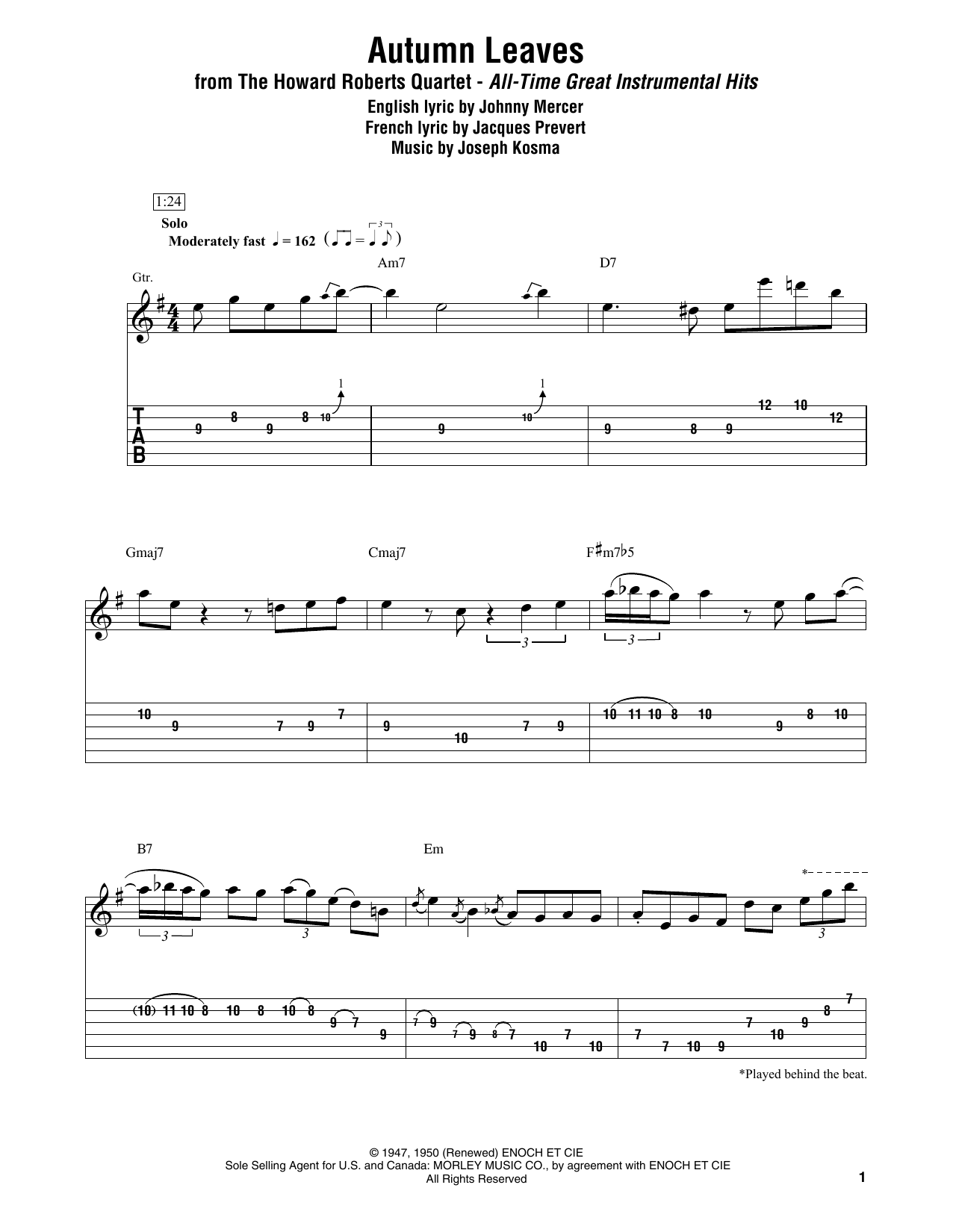 The Howard Roberts Quartet Autumn Leaves sheet music notes and chords. Download Printable PDF.