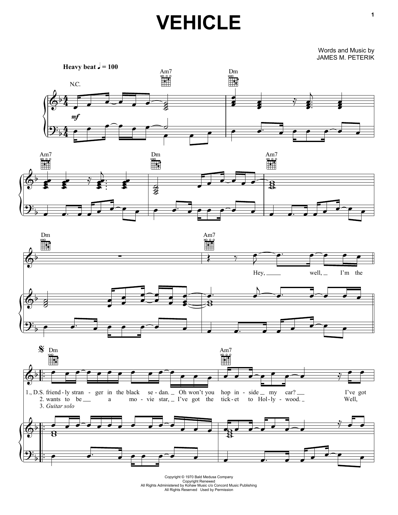 The Ides Of March Vehicle Sheet Music For Piano Vocal Guitar 