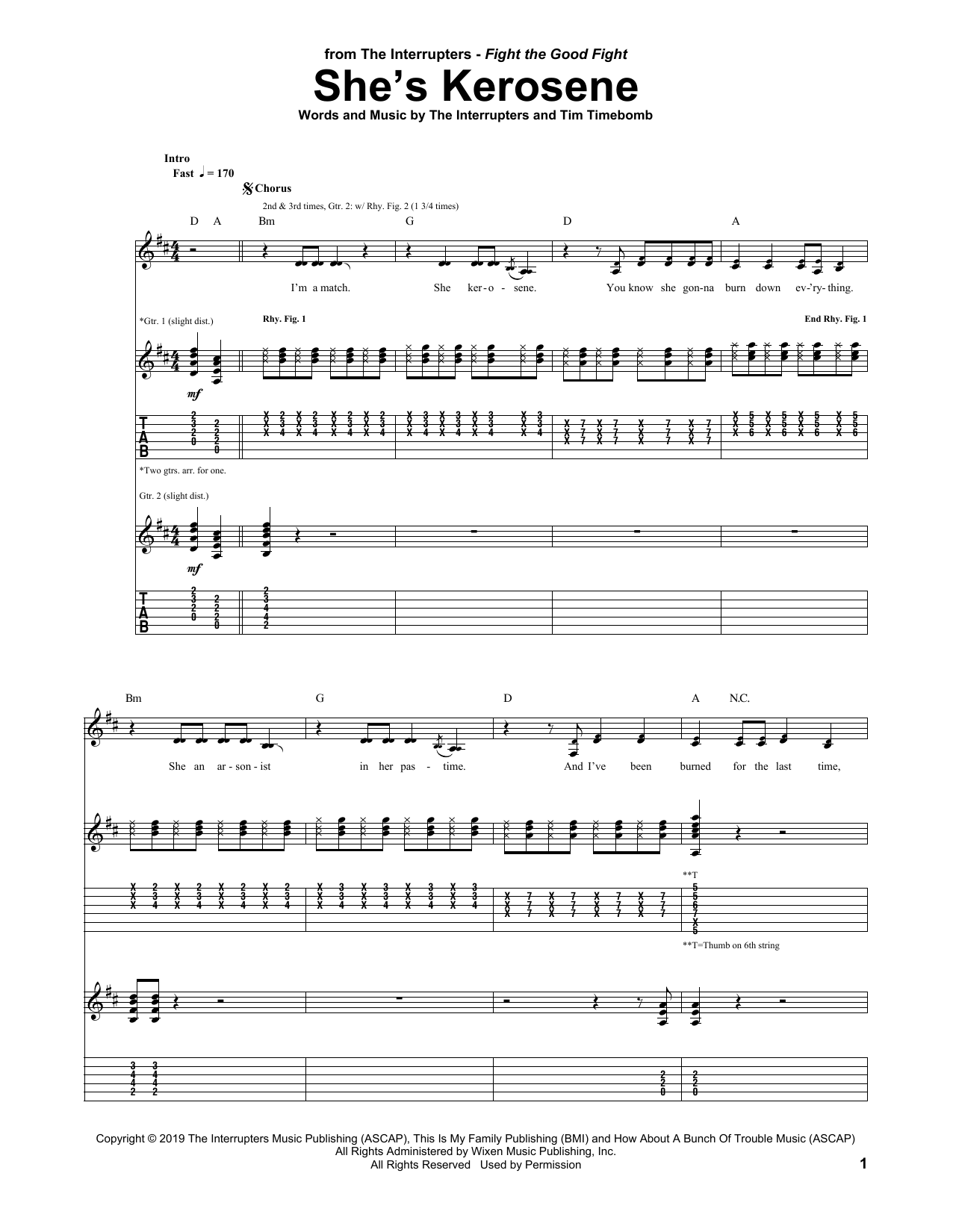 The Interrupters She's Kerosene sheet music notes and chords arranged for Guitar Tab