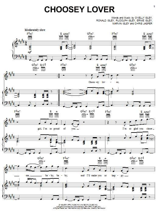 Learn to play The Isley Brothers Choosey Lover sheet music for Piano, Vocal & Guitar Chords (Right-Hand Melody) in minutes. Price: 7.8900$ The Isley Brothers Choosey Lover sheet music notes and chords arranged for Piano, Vocal & Guitar Chords (Right-Hand Melody)