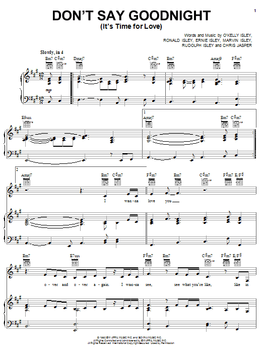 Learn to play The Isley Brothers Don't Say Good Night (It's Time For Love) Parts 1 & 2 sheet music for Piano, Vocal & Guitar Chords (Right-Hand Melody) in minutes. Price: 7.8900$ The Isley Brothers Don't Say Good Night (It's Time For Love) Parts 1 & 2 sheet music notes and chords arranged for Piano, Vocal & Guitar Chords (Right-Hand Melody)
