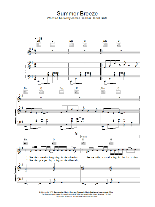 The Isley Brothers Summer Breeze sheet music notes and chords. Download Printable PDF.