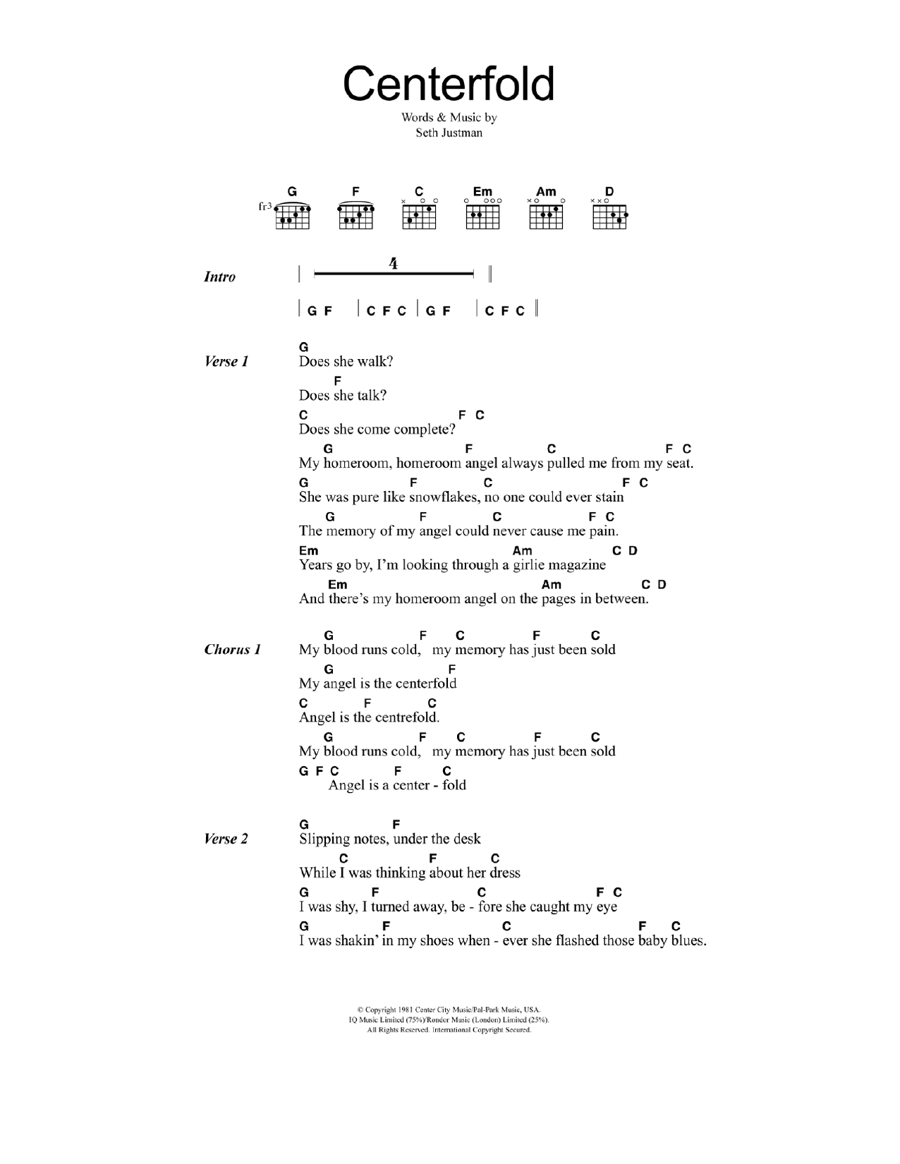 The J. Geils Band Centerfold sheet music notes and chords. Download Printable PDF.