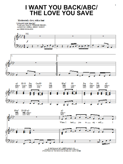 Learn to play The Jackson 5 I Want You Back/ ABC/ The Love You Save sheet music for Piano, Vocal & Guitar Chords (Right-Hand Melody) in minutes. Price: 7.8900$ The Jackson 5 I Want You Back/ ABC/ The Love You Save sheet music notes and chords arranged for Piano, Vocal & Guitar Chords (Right-Hand Melody)