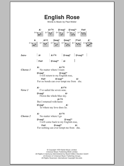 Learn to play The Jam English Rose sheet music for Guitar Tab in minutes. Price: 7.8900$ The Jam English Rose sheet music notes and chords arranged for Guitar Tab
