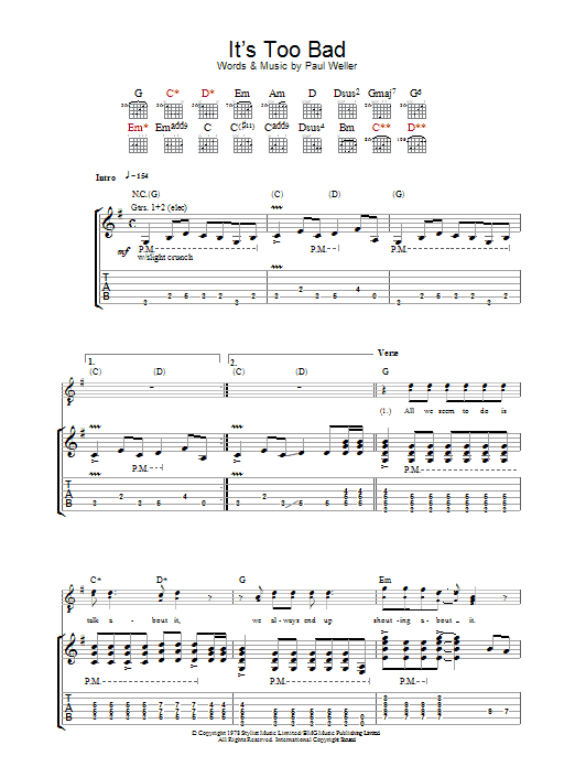 Learn to play The Jam It's Too Bad sheet music for Guitar Tab in minutes. Price: 7.8900$ The Jam It's Too Bad sheet music notes and chords arranged for Guitar Tab