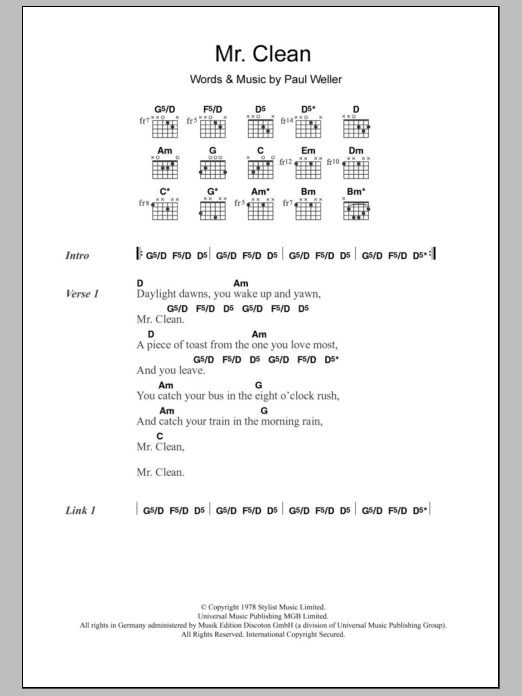 Learn to play The Jam Mr. Clean sheet music for Guitar Tab in minutes. Price: 7.8900$ The Jam Mr. Clean sheet music notes and chords arranged for Guitar Tab