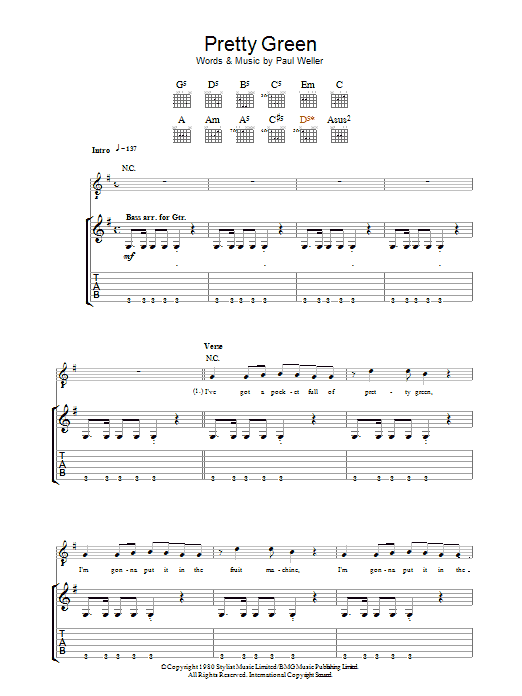 Learn to play The Jam Pretty Green sheet music for Guitar Tab in minutes. Price: 7.8900$ The Jam Pretty Green sheet music notes and chords arranged for Guitar Tab