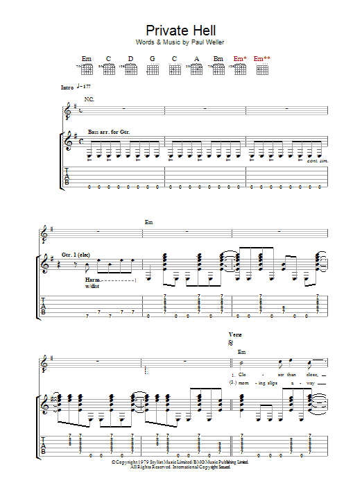 The Jam Private Hell sheet music notes and chords arranged for Guitar Tab