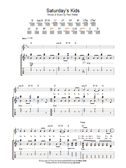 Learn to play The Jam Saturday's Kids sheet music for Guitar Tab in minutes. Price: 7.8900$ The Jam Saturday's Kids sheet music notes and chords arranged for Guitar Tab