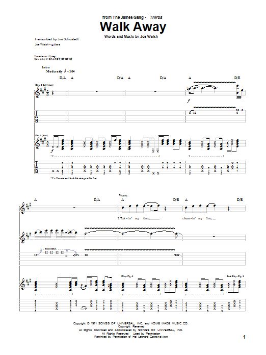 The James Gang Walk Away sheet music notes and chords. Download Printable PDF.