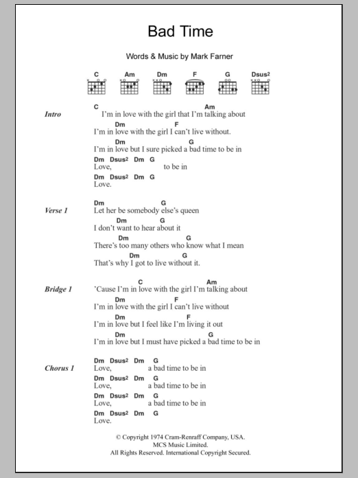 Learn to play The Jayhawks Bad Time sheet music for Guitar Chords/Lyrics in minutes. Price: 4.4900$ The Jayhawks Bad Time sheet music notes and chords arranged for Guitar Chords/Lyrics