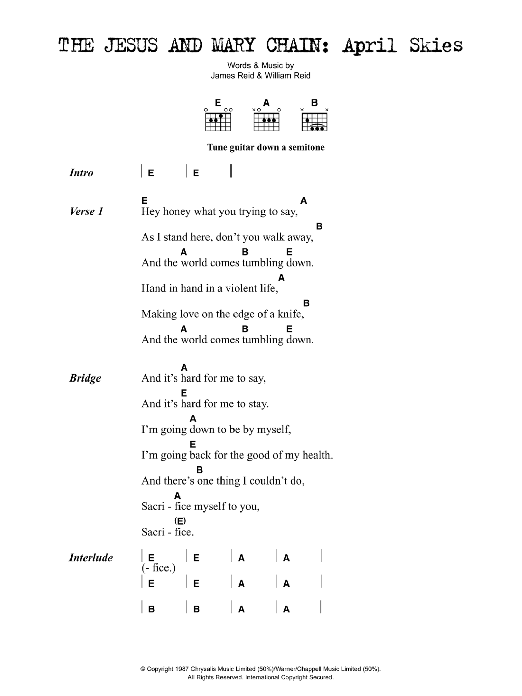 Learn to play The Jesus And Mary Chain April Skies sheet music for Guitar Tab in minutes. Price: 7.8900$ The Jesus And Mary Chain April Skies sheet music notes and chords arranged for Guitar Tab