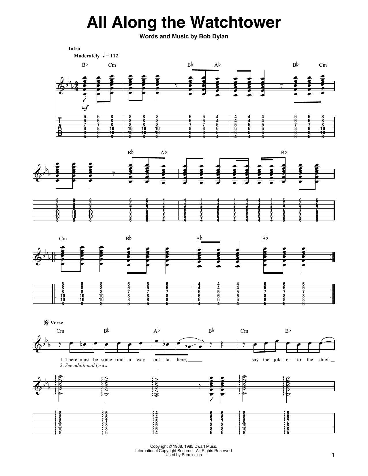 Jimi Hendrix All Along The Watchtower sheet music notes and chords. Download Printable PDF.