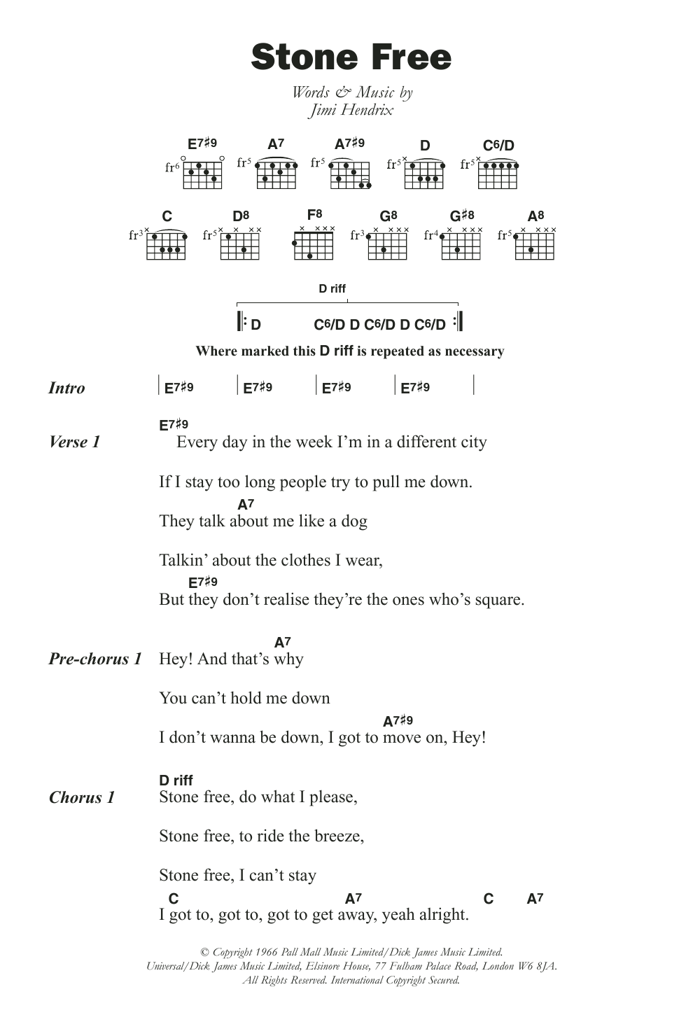 The Jimi Hendrix Experience Stone Free sheet music notes and chords. Download Printable PDF.