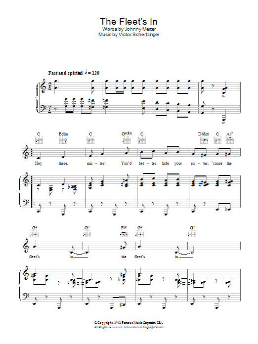 Learn to play The Johnson Brothers The Fleet's In sheet music for Piano, Vocal & Guitar Chords in minutes. Price: 7.8900$ The Johnson Brothers The Fleet's In sheet music notes and chords arranged for Piano, Vocal & Guitar Chords