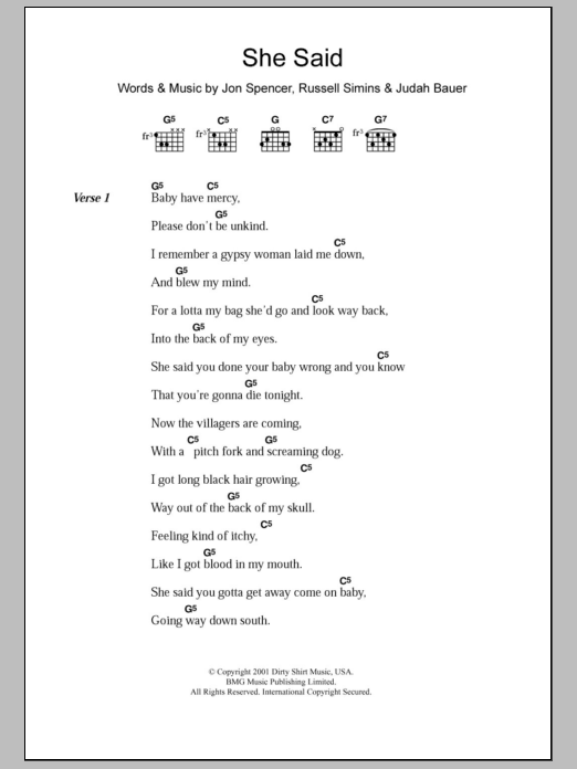 Learn to play The Jon Spencer Blues Explosion She Said sheet music for Guitar Chords/Lyrics in minutes. Price: 4.4900$ The Jon Spencer Blues Explosion She Said sheet music notes and chords arranged for Guitar Chords/Lyrics