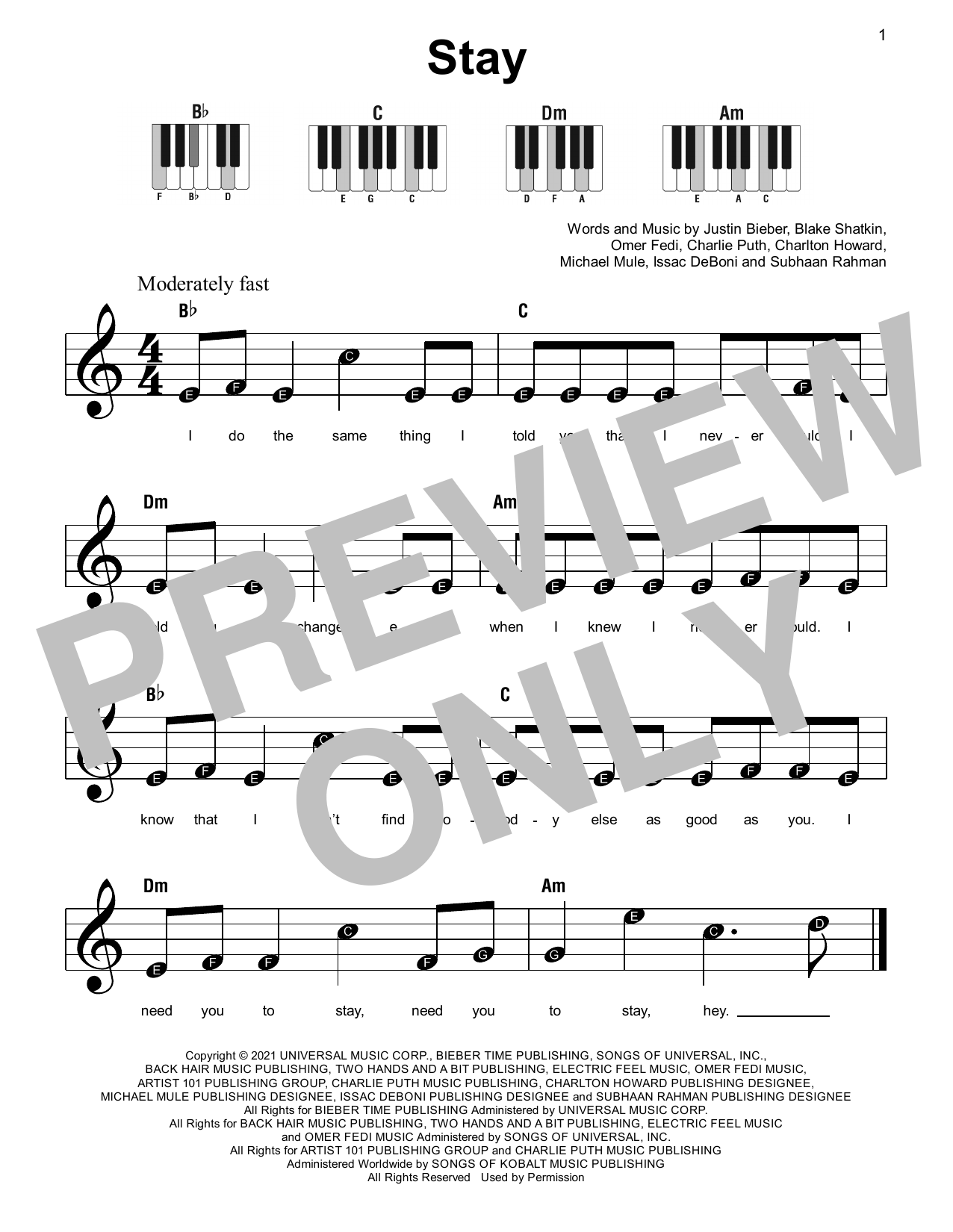 The Kid LAROI Stay (feat. Justin Bieber) sheet music notes and chords. Download Printable PDF.