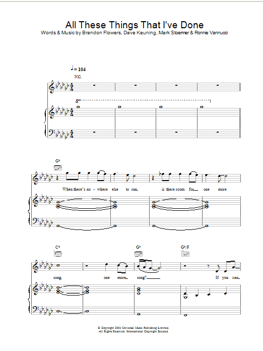 The Killers All These Things That I've Done sheet music notes and chords. Download Printable PDF.