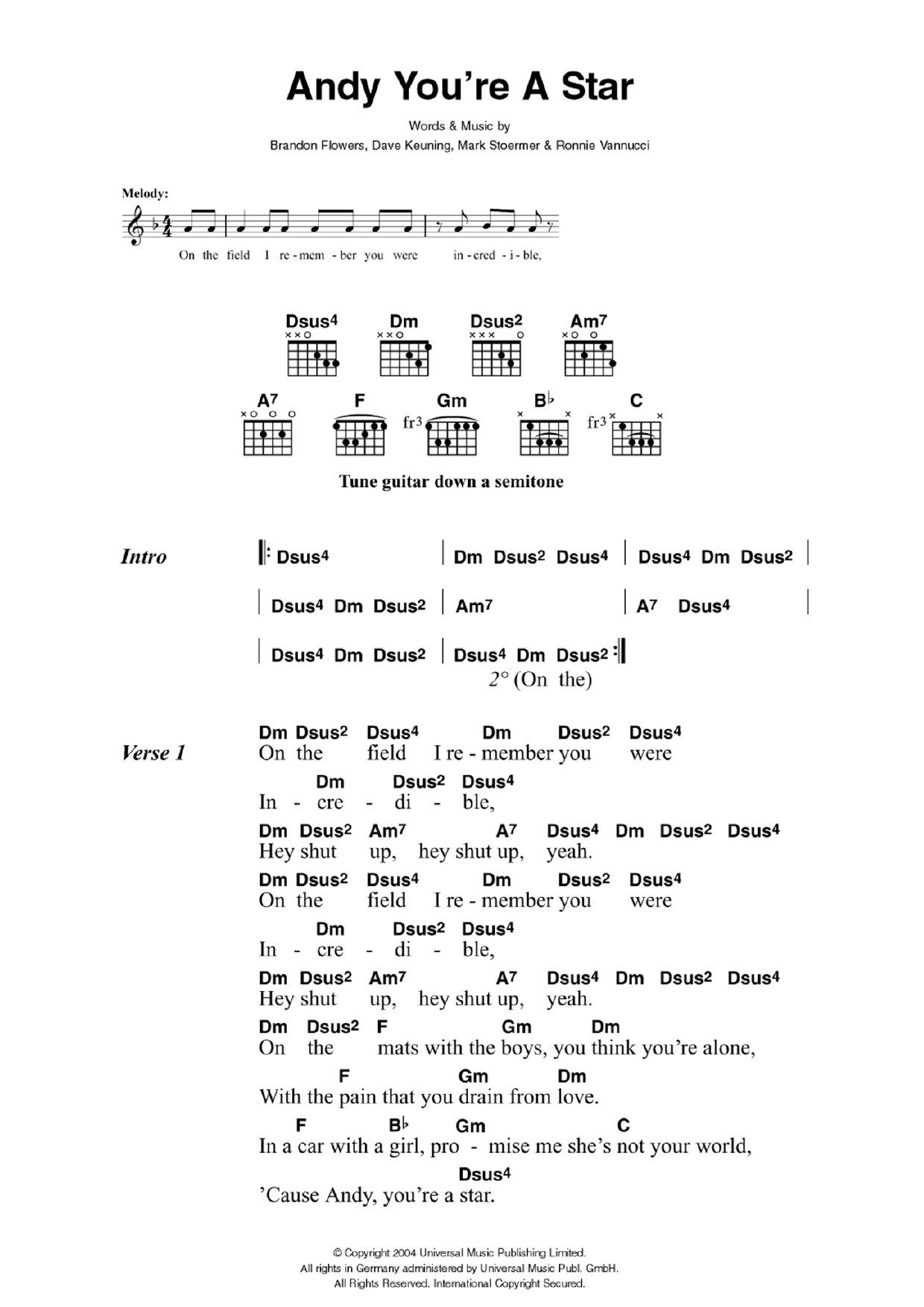 The Killers Andy You're A Star sheet music notes and chords. Download Printable PDF.