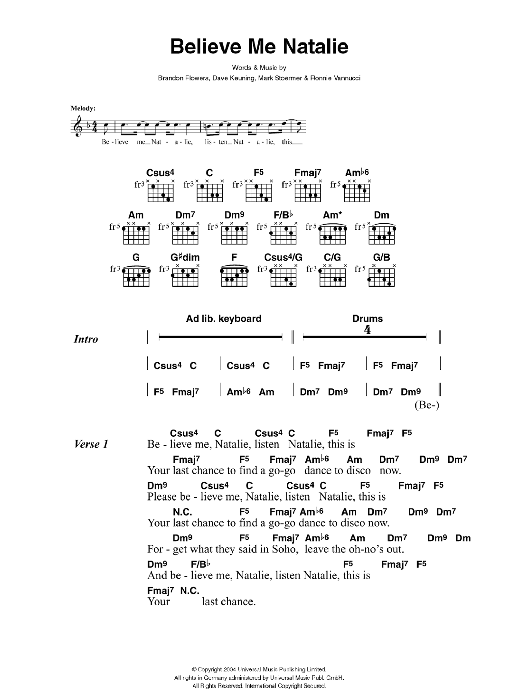 The Killers Believe Me Natalie sheet music notes and chords. Download Printable PDF.