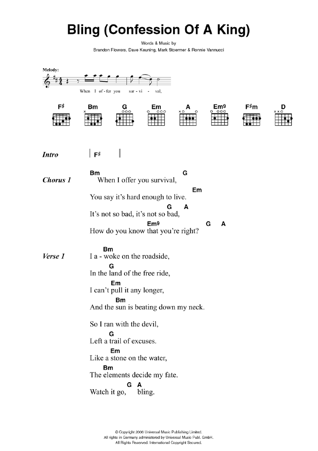 The Killers Bling (Confession Of A King) sheet music notes and chords. Download Printable PDF.