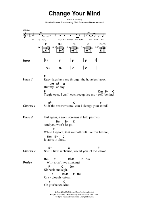 The Killers Change Your Mind sheet music notes and chords. Download Printable PDF.