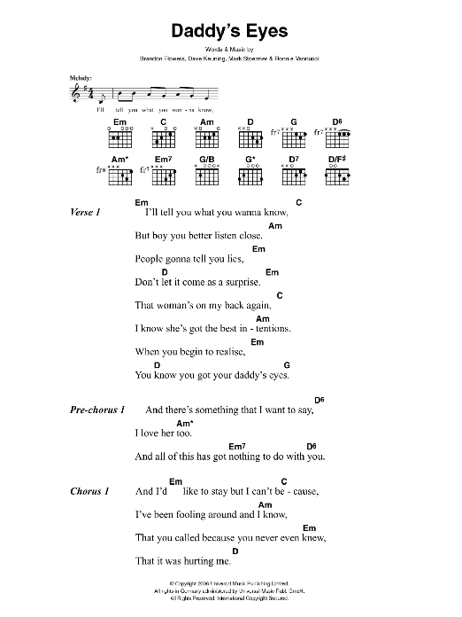 The Killers Daddy's Eyes sheet music notes and chords. Download Printable PDF.