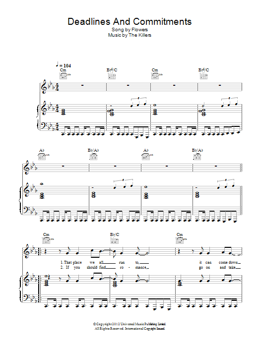 Learn to play The Killers Deadlines And Commitments sheet music for Piano, Vocal & Guitar Chords in minutes. Price: 7.8900$ The Killers Deadlines And Commitments sheet music notes and chords arranged for Piano, Vocal & Guitar Chords